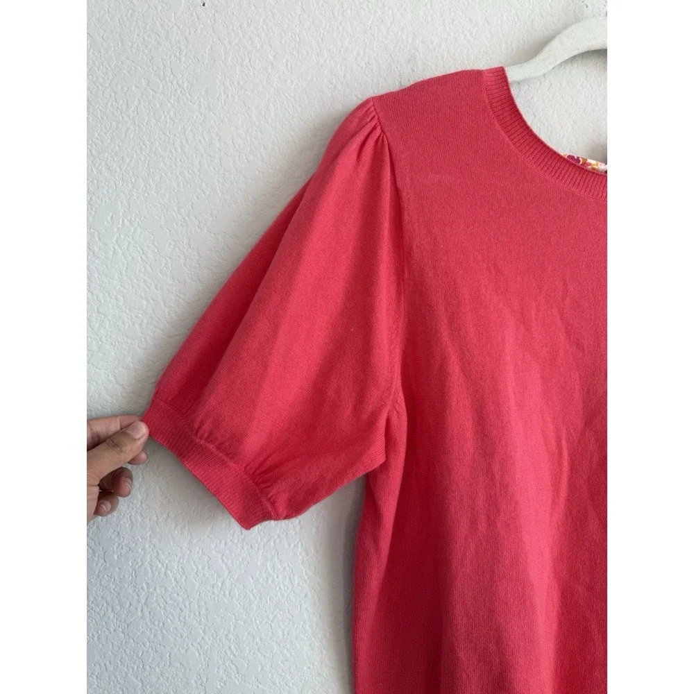 J.Crew Women's Size Large Orange‎ Pink Back Floral Bow Tie Short Puff Sleeve Top